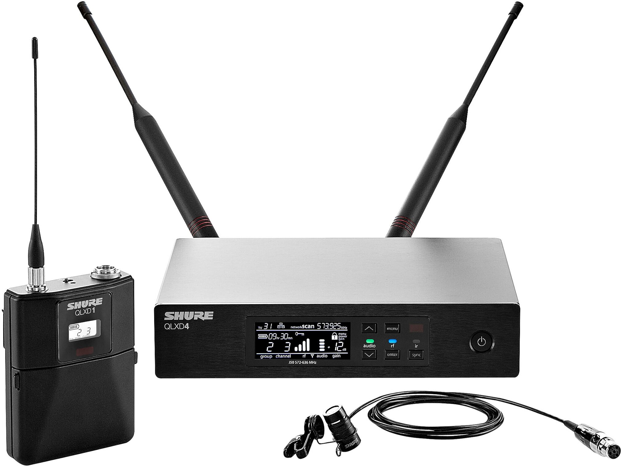 Shure QLXD14/84 Wireless System with WL184 Lavalier Microphone, Main with all components Front