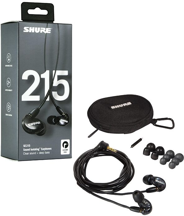 Shure SE215 Pro Sound Isolating Earphones, Transparent Black, SE215-K, Open Box (Very Good), Package Contents