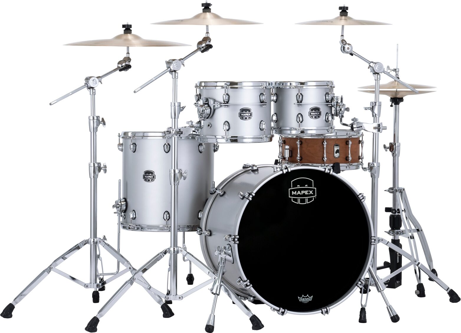 Mapex Saturn Evolution Rock Birch/Walnut Drum Shell Kit, 4-Piece, Iridium Silver, Action Position Back