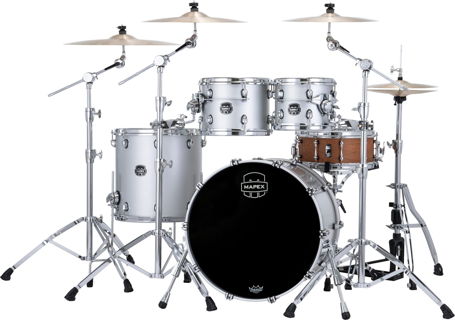 Mapex Saturn Evolution Rock Birch/Walnut Drum Shell Kit, 4-Piece, Iridium Silver, Action Position Back