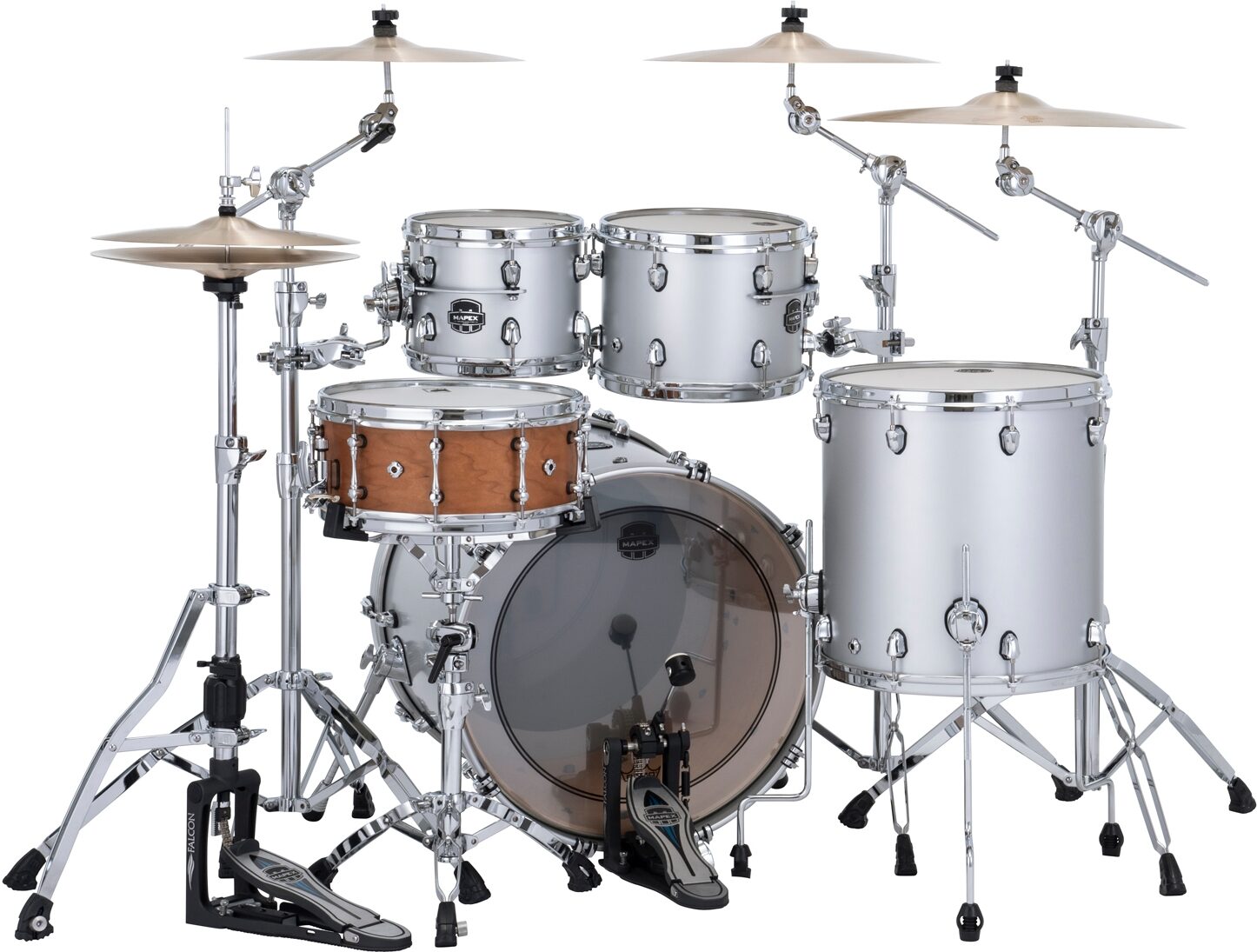 Mapex Saturn Evolution Rock Birch/Walnut Drum Shell Kit, 4-Piece, Iridium Silver, Action Position Back