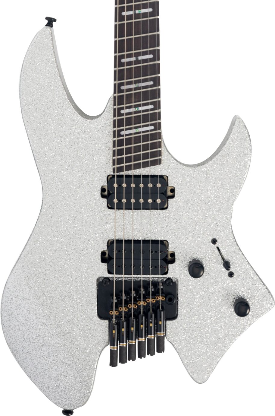Sire Larry Carlton X6 Headless Electric Guitar (with Gig Bag), Silver Sparkle, Action Position Back