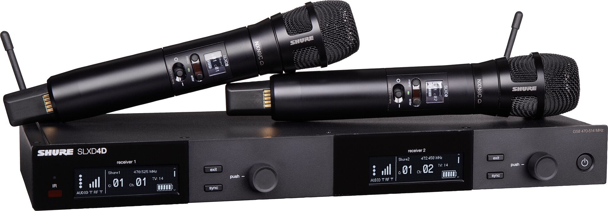 Shure SLXD24D/N8CB Dual Handheld Wireless Nexadyne 8/C Microphone System, Band H55 (514-558 MHz), Action Position Back