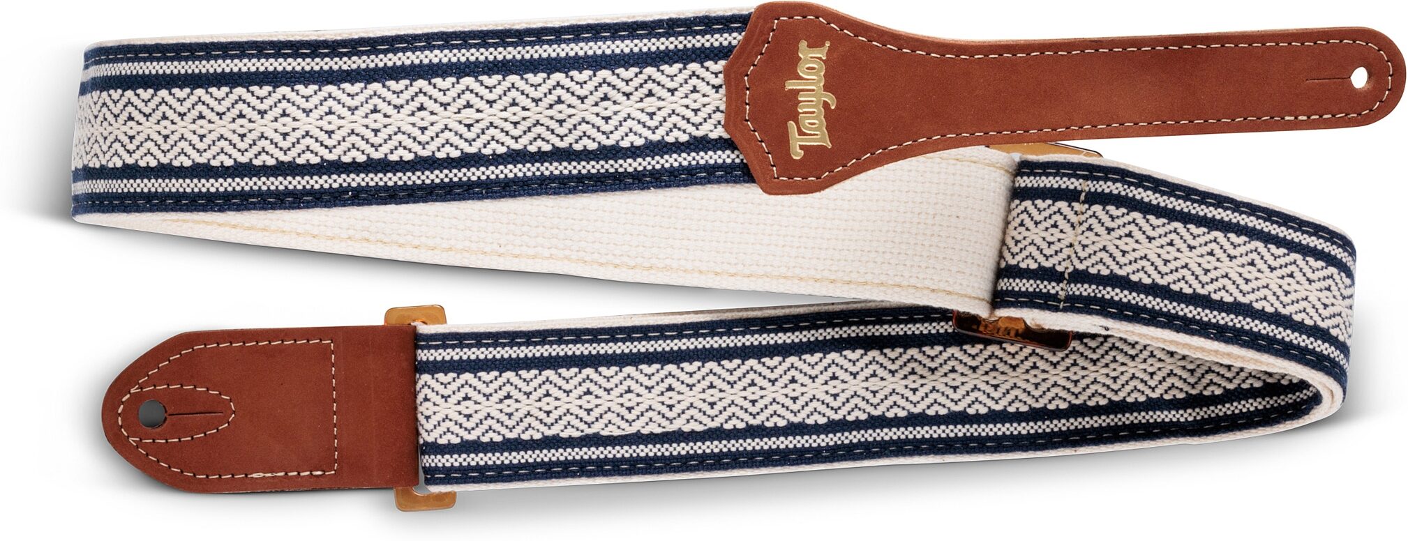 Taylor 2" Academy Jacquard Leather Guitar Strap (with Amber Buckle), White/Blue, Amber Buckle, Action Position Back