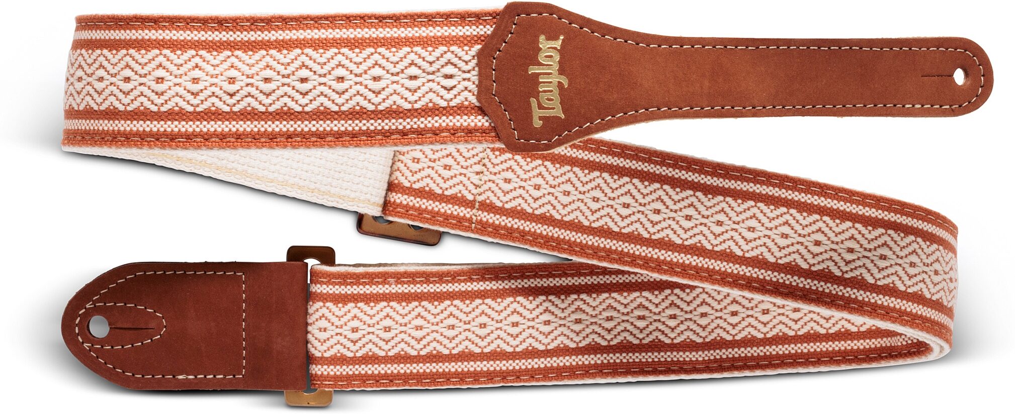 Taylor 2" Academy Jacquard Leather Guitar Strap (with Amber Buckle), White/Brown, Amber Buckle, Action Position Back