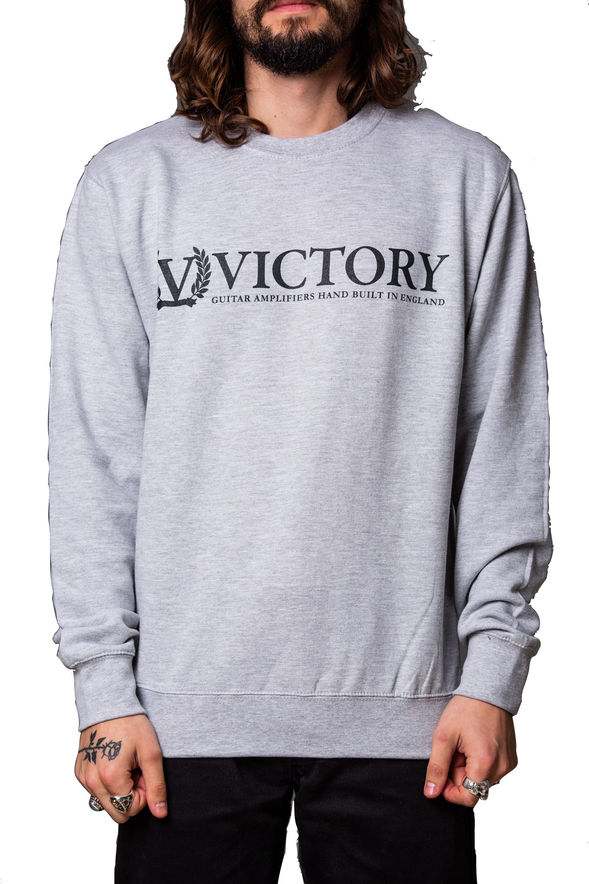 Victory Crewneck Sweatshirt, Grey with Black Logo, Small, Action Position Back