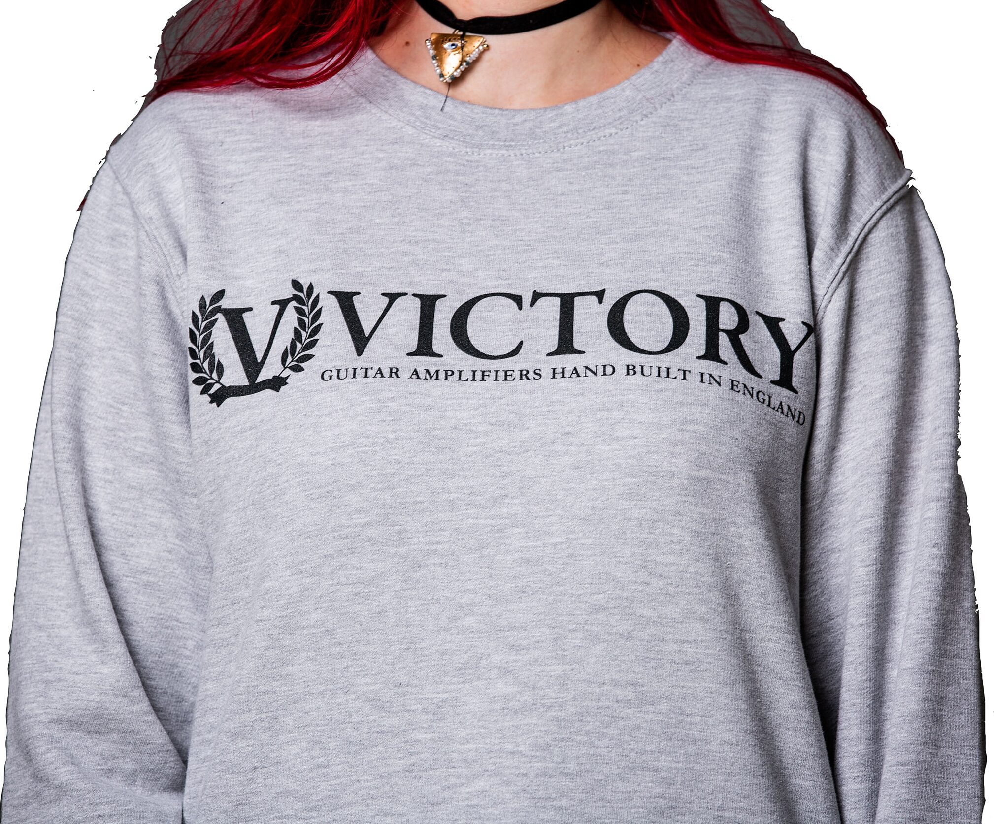 Victory Crewneck Sweatshirt, Grey with Black Logo, Small, Action Position Back