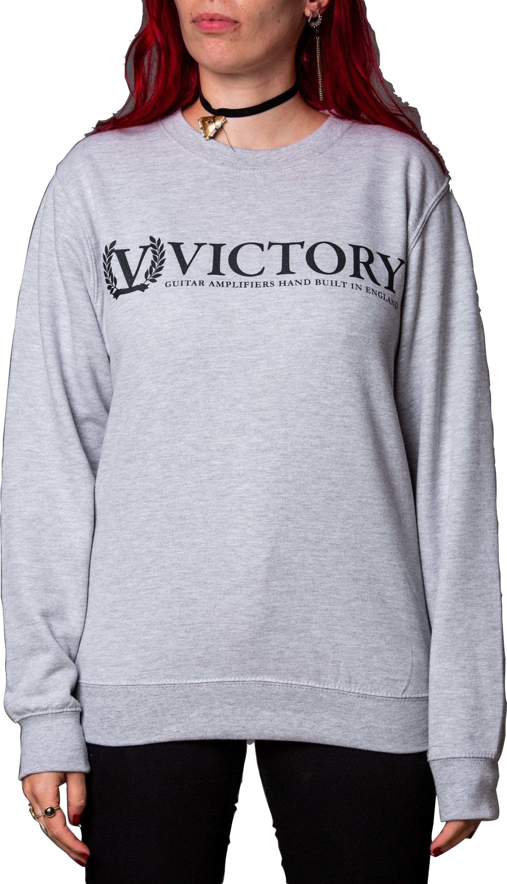 Victory Crewneck Sweatshirt, Grey with Black Logo, Small, Action Position Back