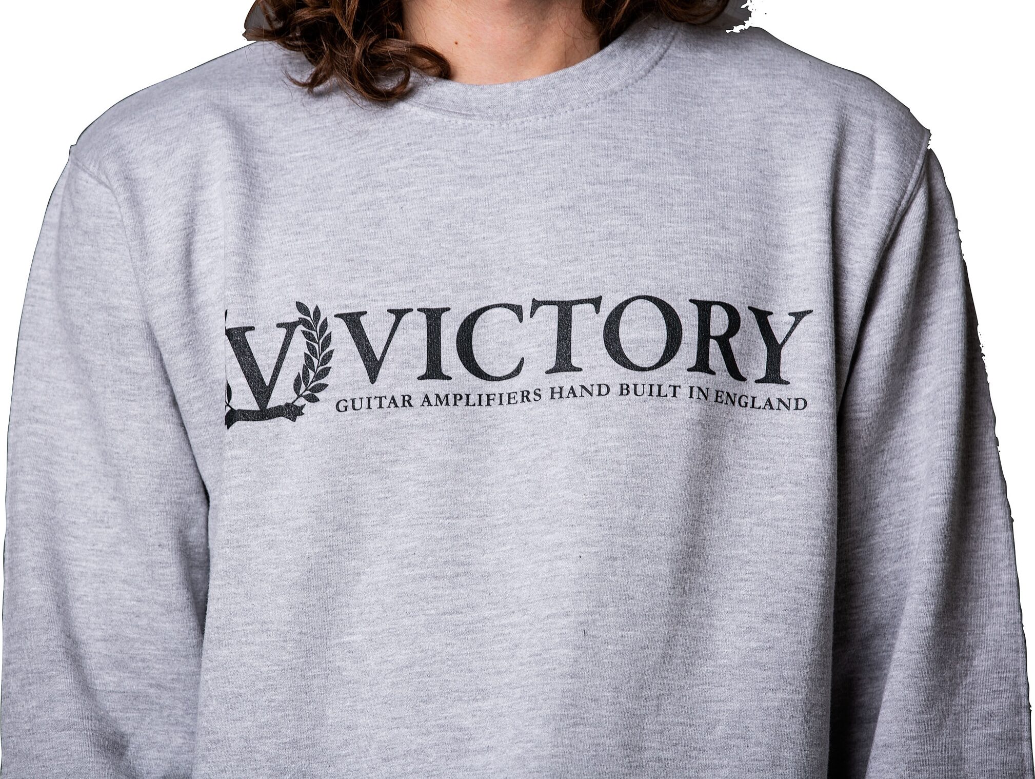 Victory Crewneck Sweatshirt, Grey with Black Logo, Small, Action Position Back