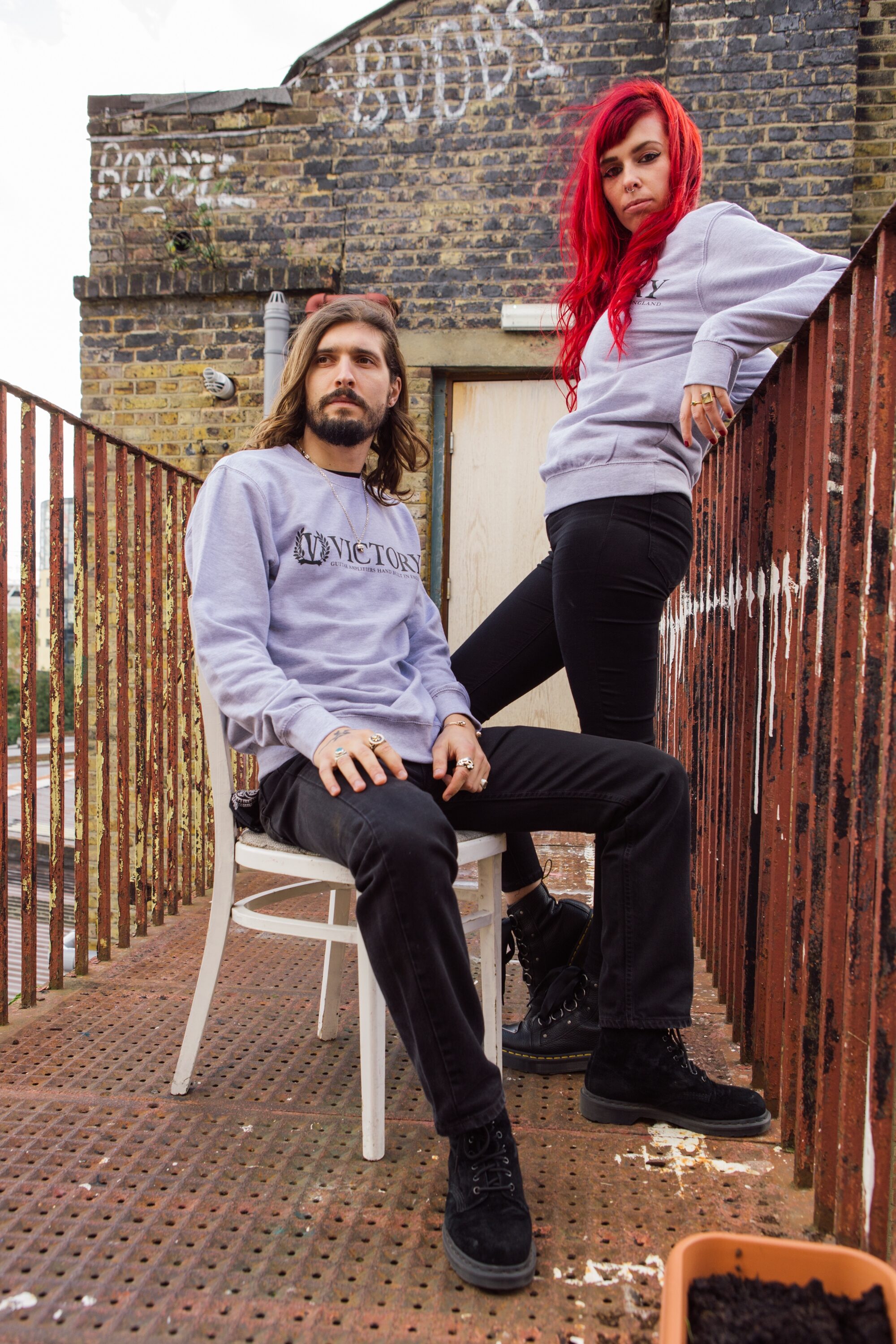 Victory Crewneck Sweatshirt, Grey with Black Logo, Small, Action Position Back