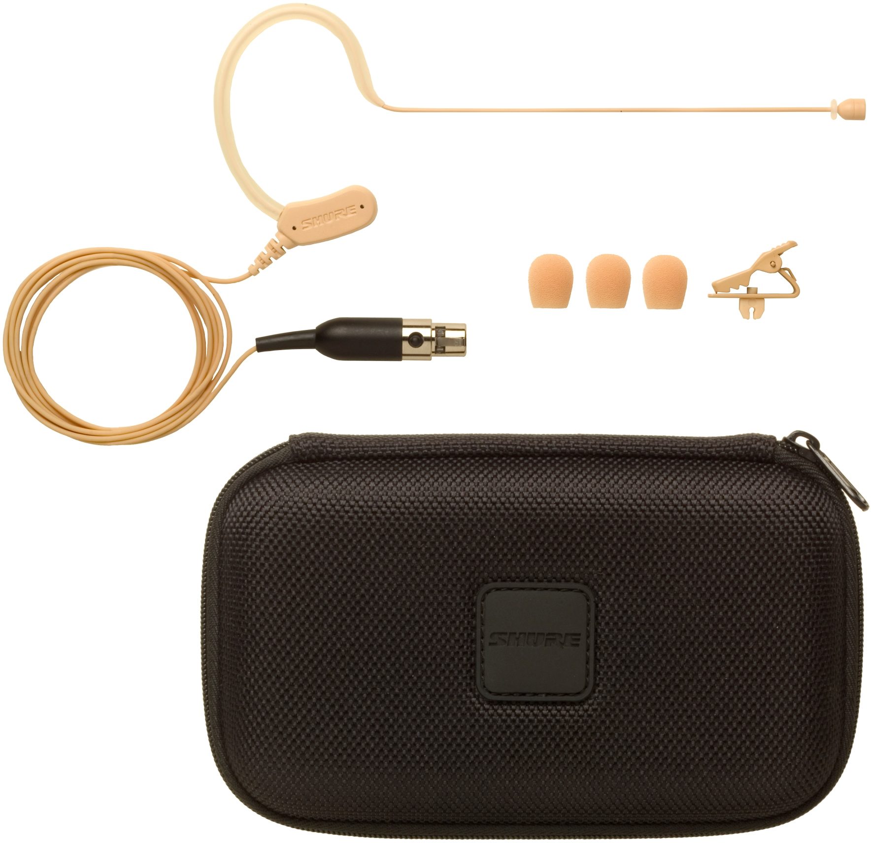 Shure MX153 Microflex Earset Headworn Condenser Microphone, Tan, MX153T/O-TQG, Omnidirectional, with TQG/TA4F Connection, Tan with Accessories