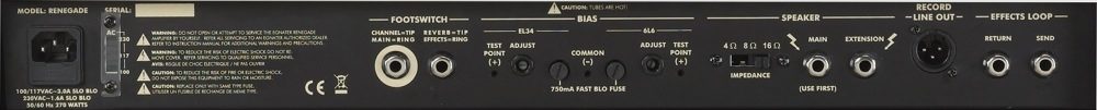Egnater Renegade 212 All-Tube Guitar Combo Amplifier (65 Watts, 2x12"), Rear Panel