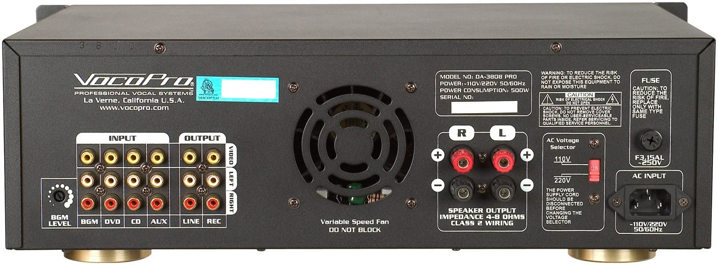 VocoPro DA3808 Pro Digital Karaoke Mixing Amplifier (300 Watts), Rear