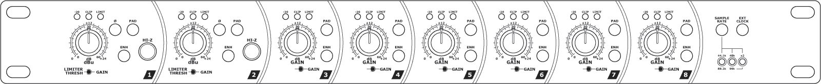 PreSonus DigiMAX 96k 8-Channel Microphone Preamp with Limiters, EQ, Digital Output, Diagram Front