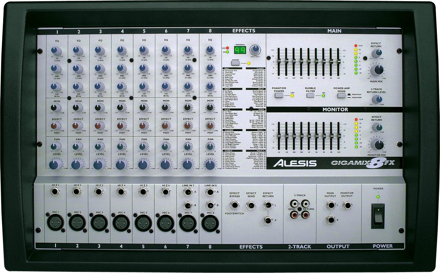 Alesis GM8FX GigaMix Powered 8-Channel Mixer (800 Watts), Front View