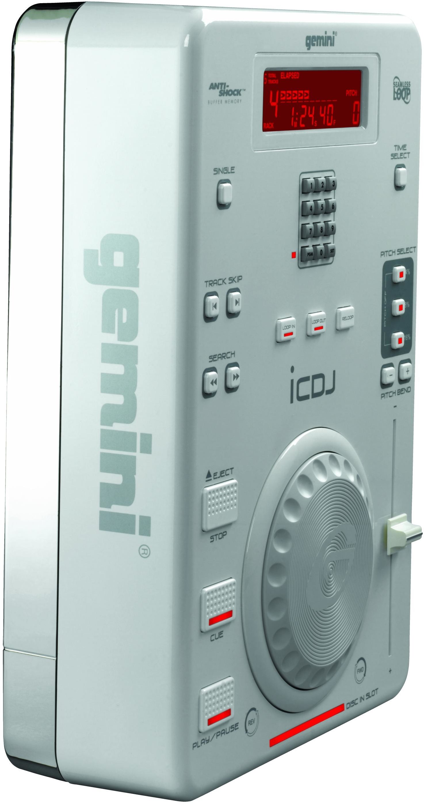 Gemini iCDJ Slot Loading Tabletop CD Player, Side View