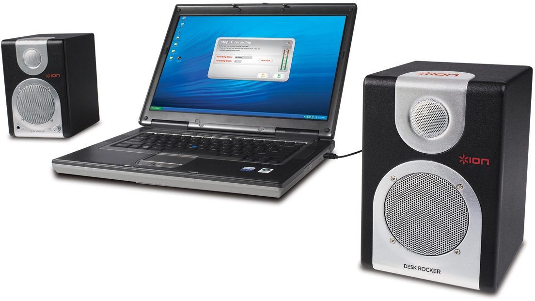 Ion Audio Desk Rocker Desktop Speakers with Recording Software, In Use (Laptop NOT Included)