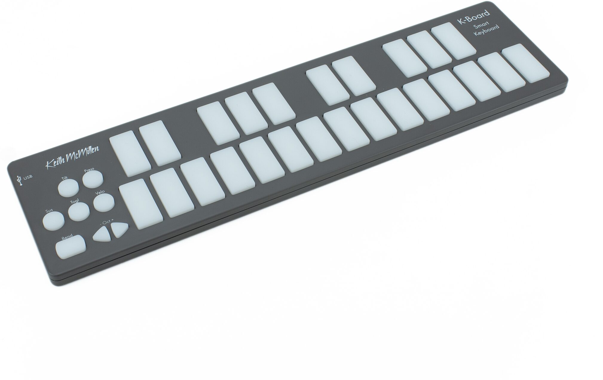 Keith McMillen Instruments K-Board-C Smart Sensor USB-C MIDI Keyboard Controller, Angled Front