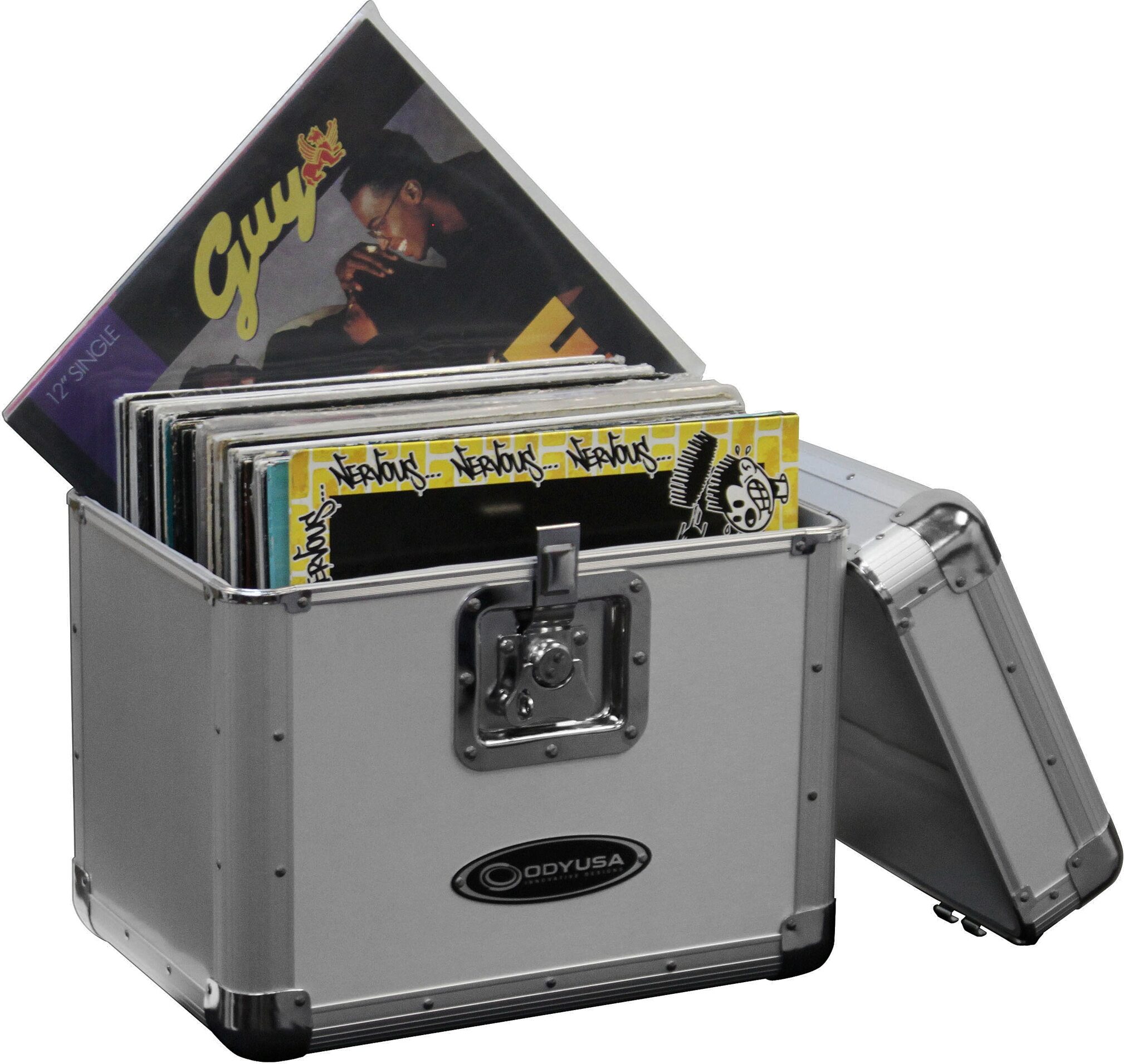 Odyssey KLP2 Stacking Record Case for 70 12" Vinyl Records, Silver, Action Position Back