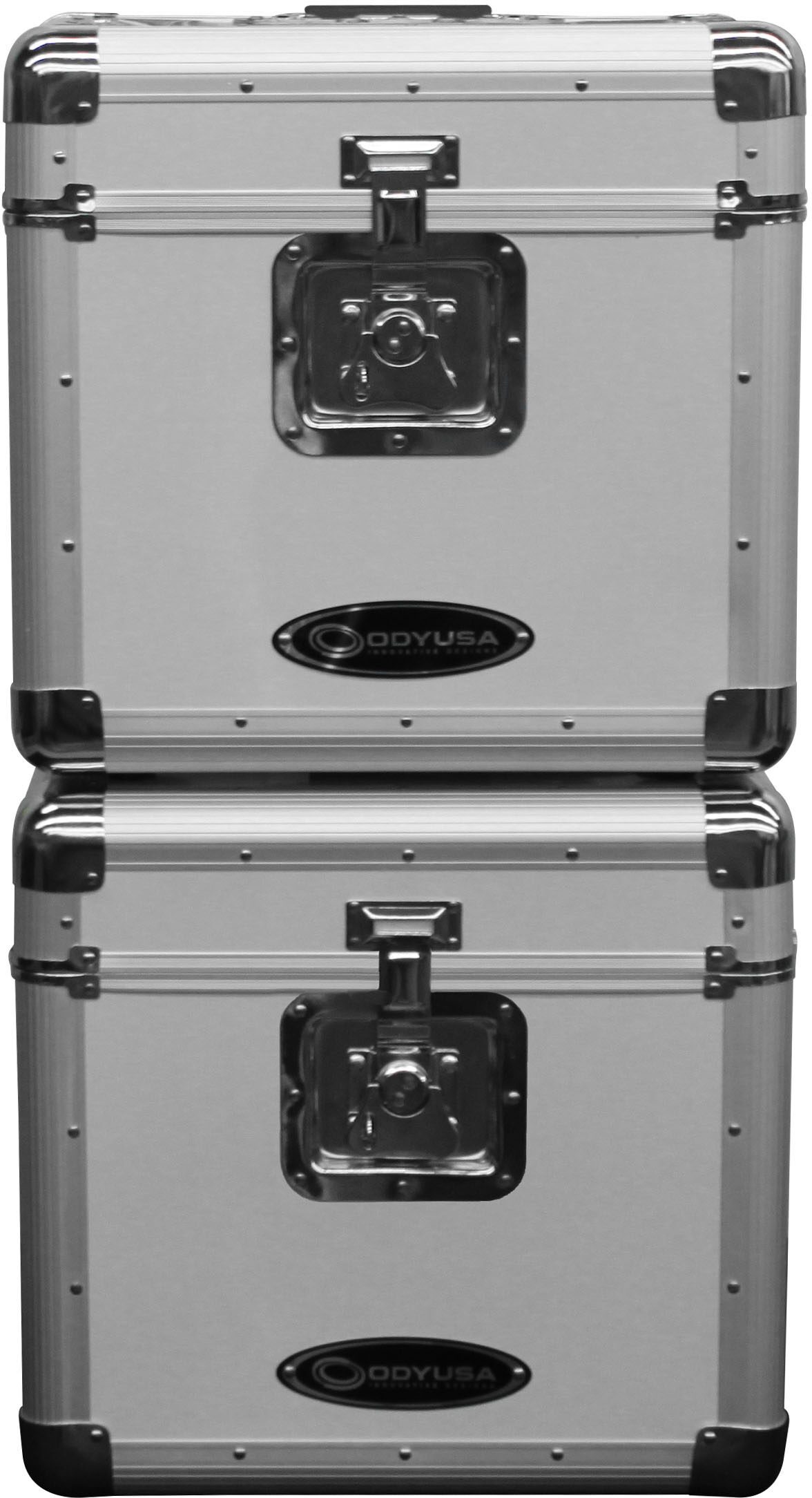 Odyssey KLP2 Stacking Record Case for 70 12" Vinyl Records, Silver, Action Position Back