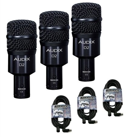 Audix D2 Dynamic Hypercardioid Instrument Microphone, Three Pack with Cables