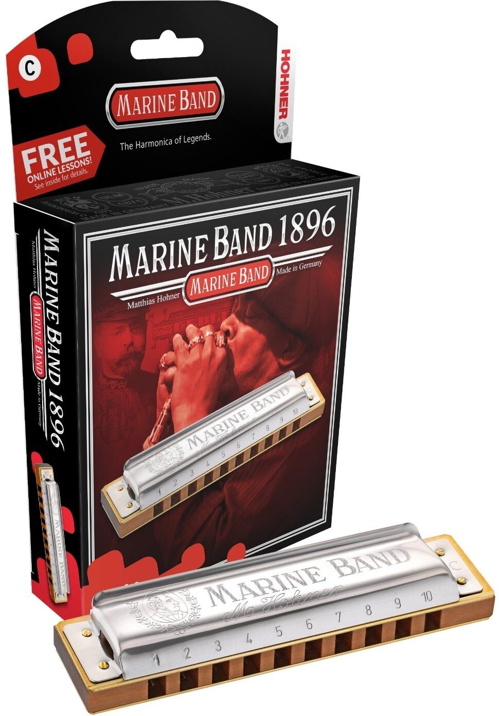 Hohner Marine Band 1896 Harmonica, Key of A Natural Minor, Action Position Front