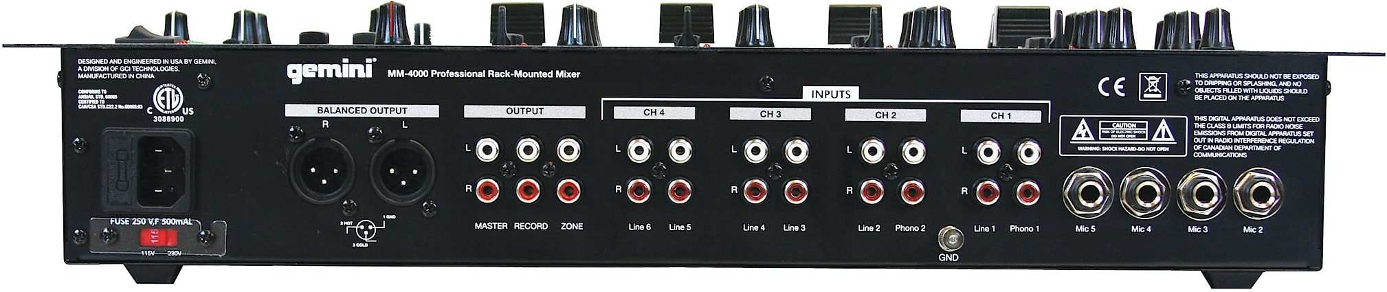 Gemini MM4000 4-Channel Mixer with Effects, Back