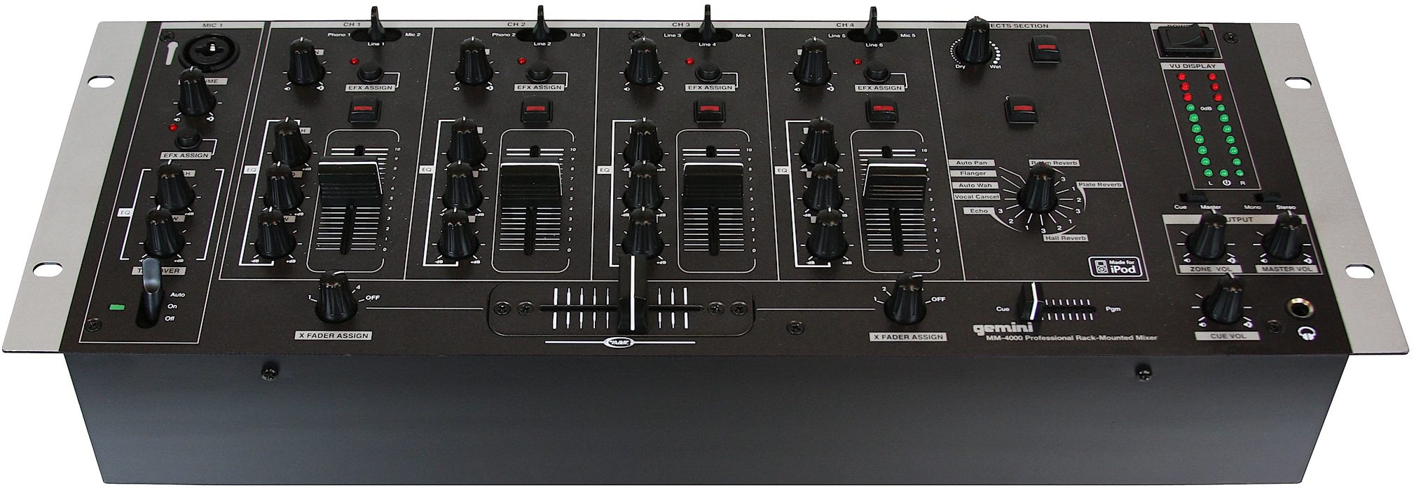 Gemini MM4000 4-Channel Mixer with Effects, Front