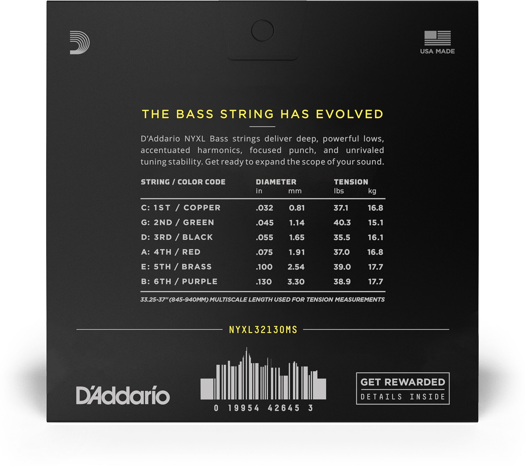 D'Addario Multi-Scale 6-String Electric Bass Strings, 32-130, NYXL32130MS, Action Position Back