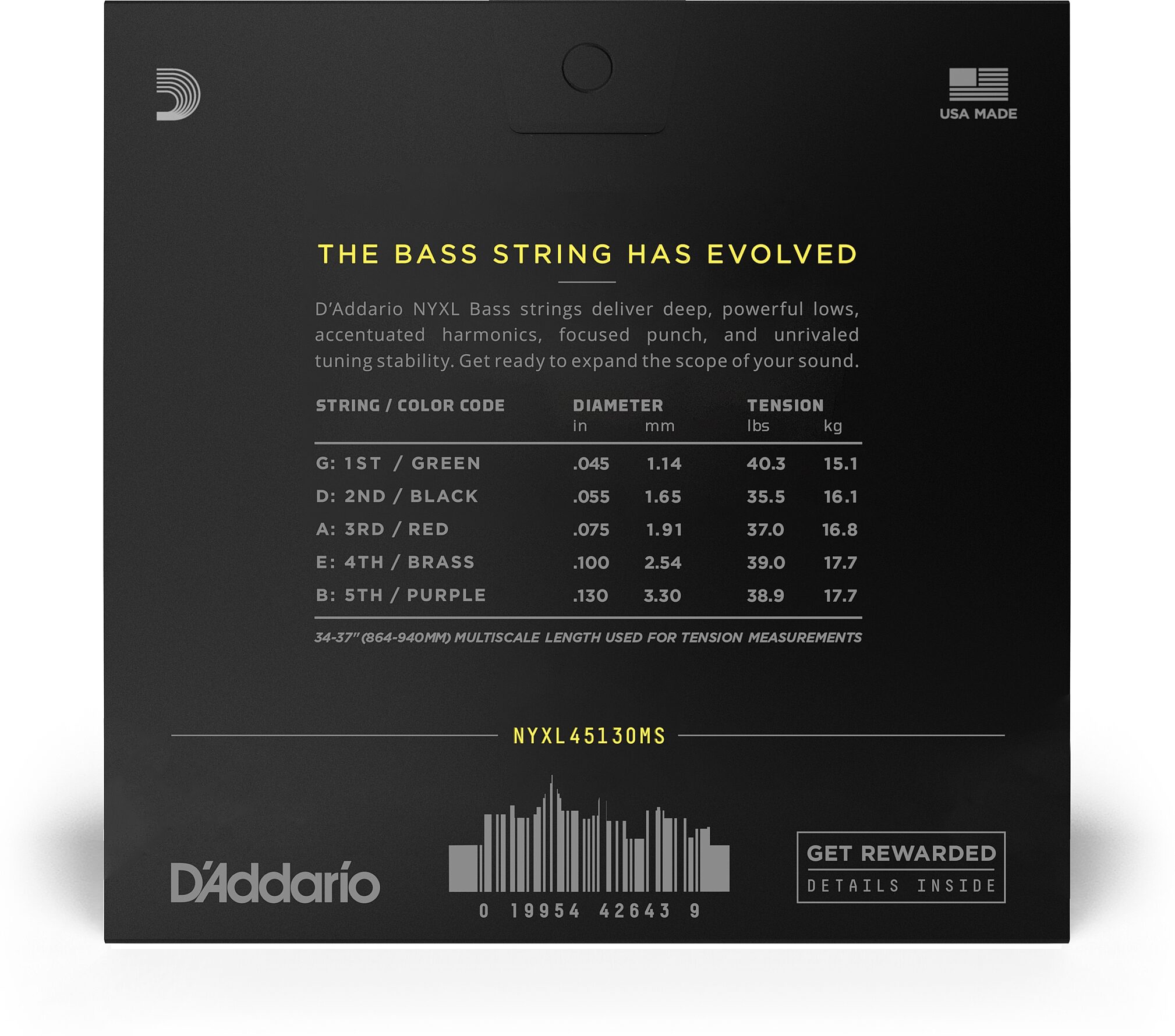 D'Addario NYXL MultiScale 5-String Electric Bass Strings, 45-130, NYXL45130MS, Action Position Back