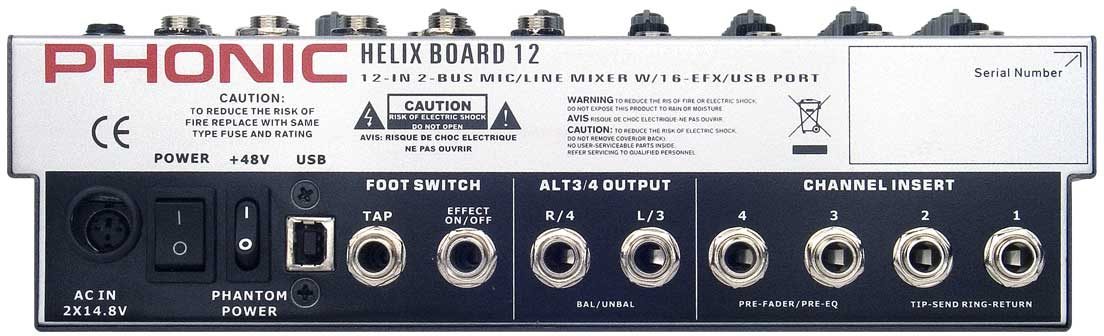 Phonic HelixBoard12 12-Channel USB Mixer, Rear
