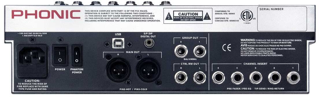 Phonic HelixBoard17 USB Mixer, Rear