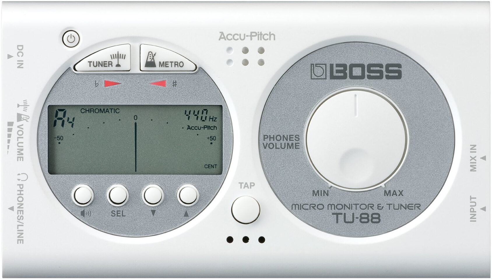 Boss TU-88 Micro Monitor Tuner and Metronome, White - Top