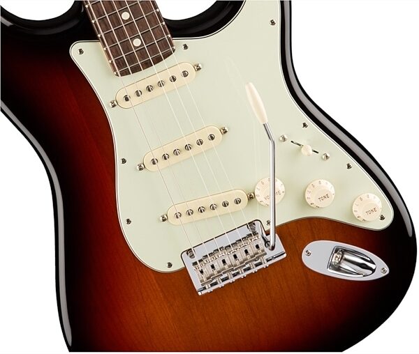 Fender American Pro Stratocaster Electric Guitar, Rosewood Fingerboard (with Case), 3-Color Sunburst Body Close