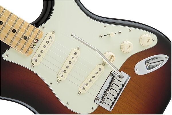 Fender American Elite Stratocaster Electric Guitar (Maple, with Case), 3-Color Sunburst Body Closeup