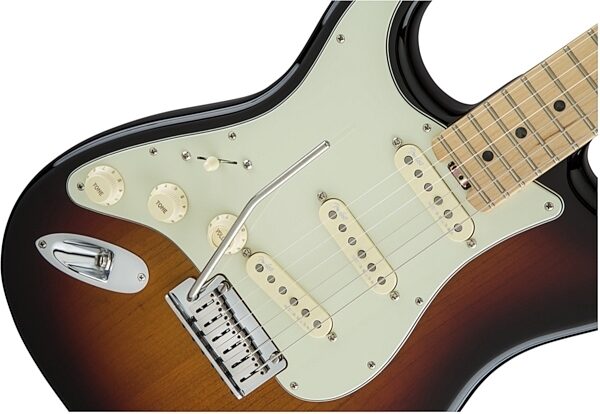 Fender American Elite Stratocaster Electric Guitar, Left-Handed (Maple, with Case), 3-Tone Sunburst Body Closeup