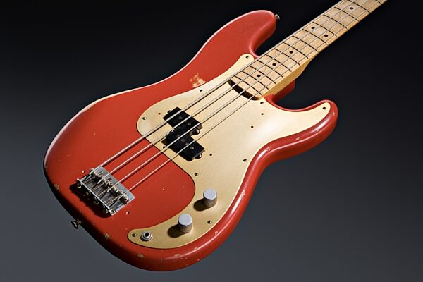 Fender Road Worn '50s Precision Electric Bass (with Gig Bag), Fiesta Red Closeup