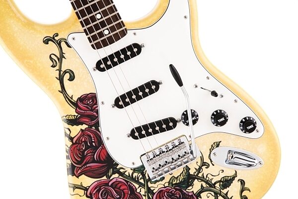 Fender Special Edition David Lozeau Stratocaster Electric Guitar (with Gig Bag), Rose Tattoo Closeup