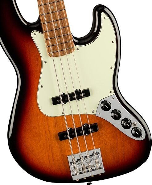 Fender Player Plus Jazz Electric Bass, Pau Ferro Fingerboard (with Gig Bag), 3-Color Sunburst, USED, Scratch and Dent, Action Position Back