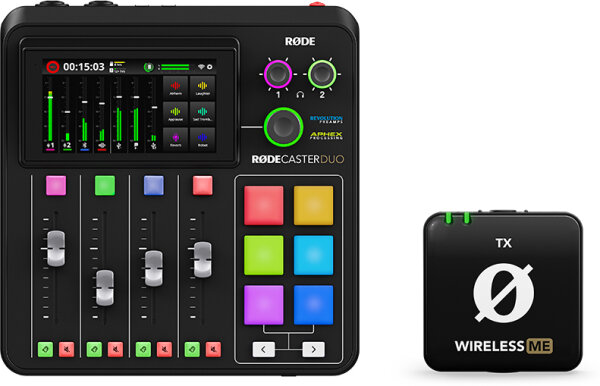 Rode RODECaster Duo Compact Audio Studio, Black, Bundle with Rode Wireless ME TX Transmitter, Bundle