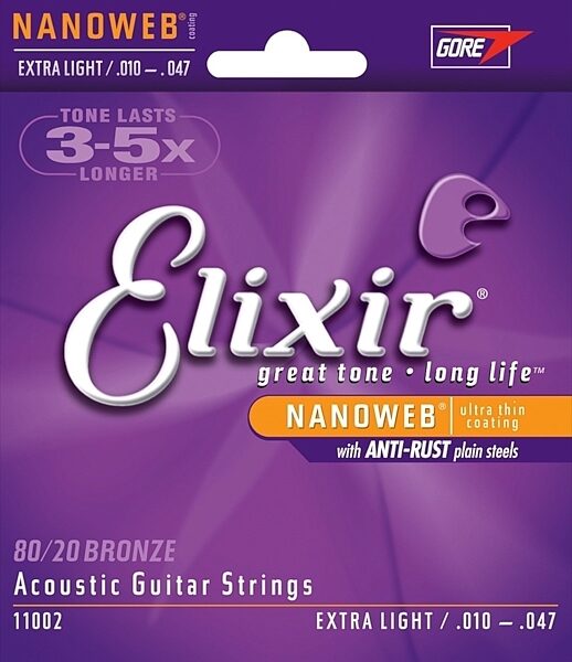 Elixir Nanoweb Acoustic Guitar Strings, 10-47, 11002, Extra Light, Extra Light