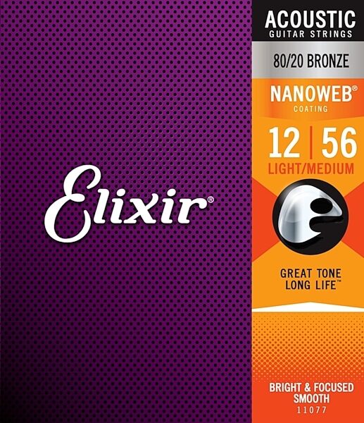 Elixir Nanoweb Acoustic Guitar Strings, 12-56, 11077, Medium Light, main