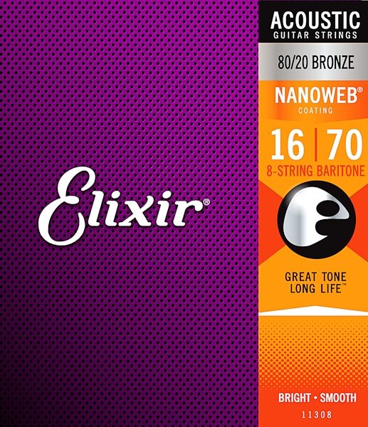 Elixir Nanoweb 80/20 Bronze 8-String Acoustic Baritone Strings, 16-70, Action Position Back