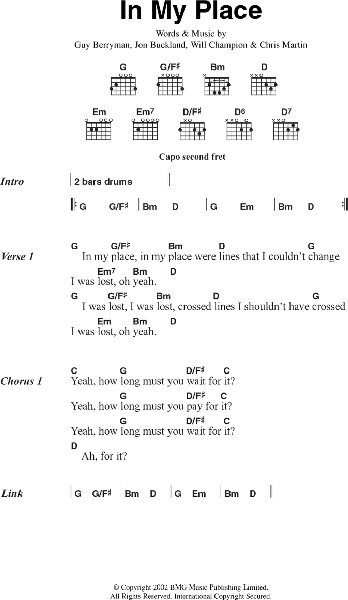 In My Place - Guitar Chords/Lyrics, New, Main