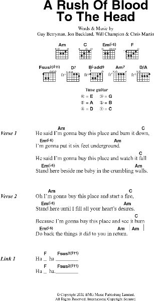 A Rush Of Blood To The Head - Guitar Chords/Lyrics, New, Main