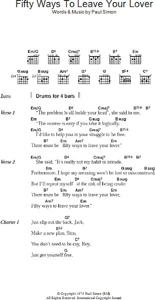 Fifty Ways To Leave Your Lover - Guitar Chords/Lyrics, New, Main