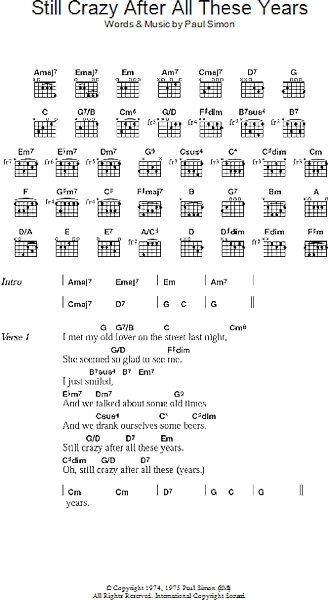 Still Crazy After All These Years - Guitar Chords/Lyrics, New, Main