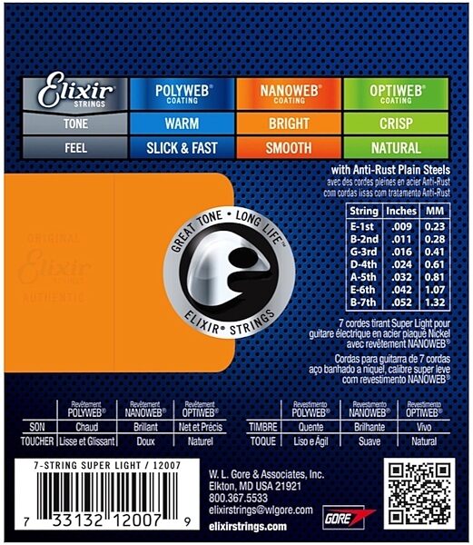 Elixir Nanoweb 7-String Electric Guitar Strings, 9-52, Super Light, View