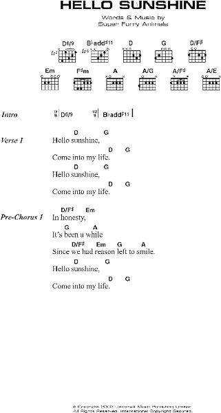 Hello Sunshine - Guitar Chords/Lyrics, New, Main