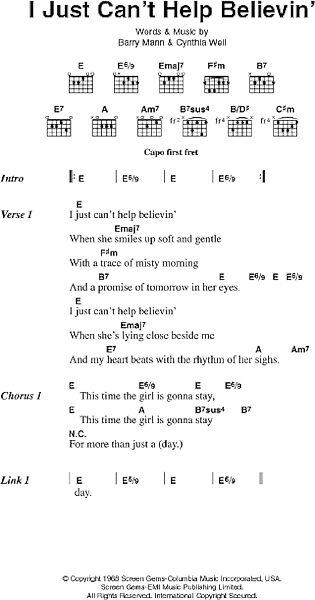 I Just Can't Help Believin' - Guitar Chords/Lyrics, New, Main